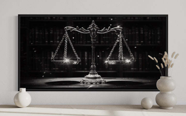 Black White Scales Of Justice Lawyer Framed Canvas Wall Art