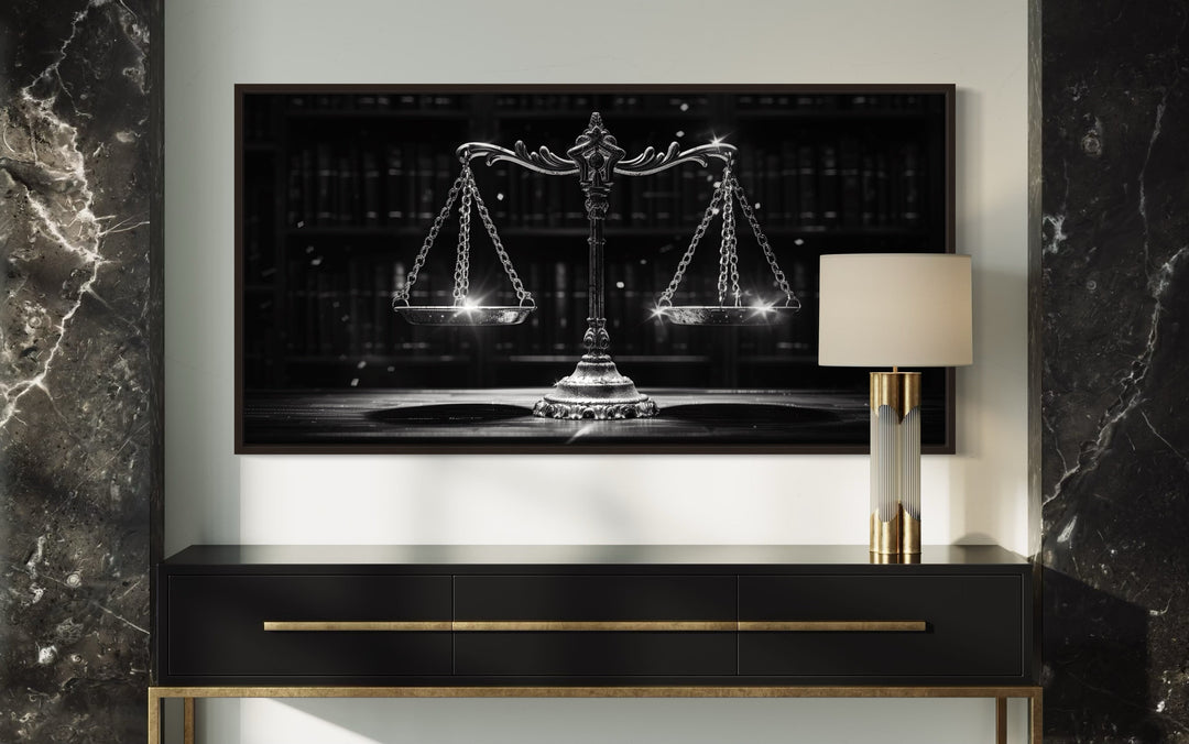 Black White Scales Of Justice Lawyer Framed Canvas Wall Art