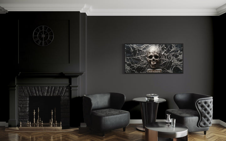 Black White Skeleton Skull With Spiderweb Halloween Wall Art