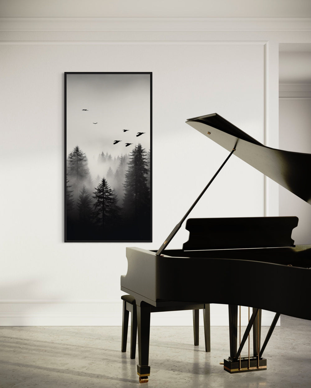 Black White Tall Vertical Foggy Fir Tree Forest Framed Canvas Wall Art