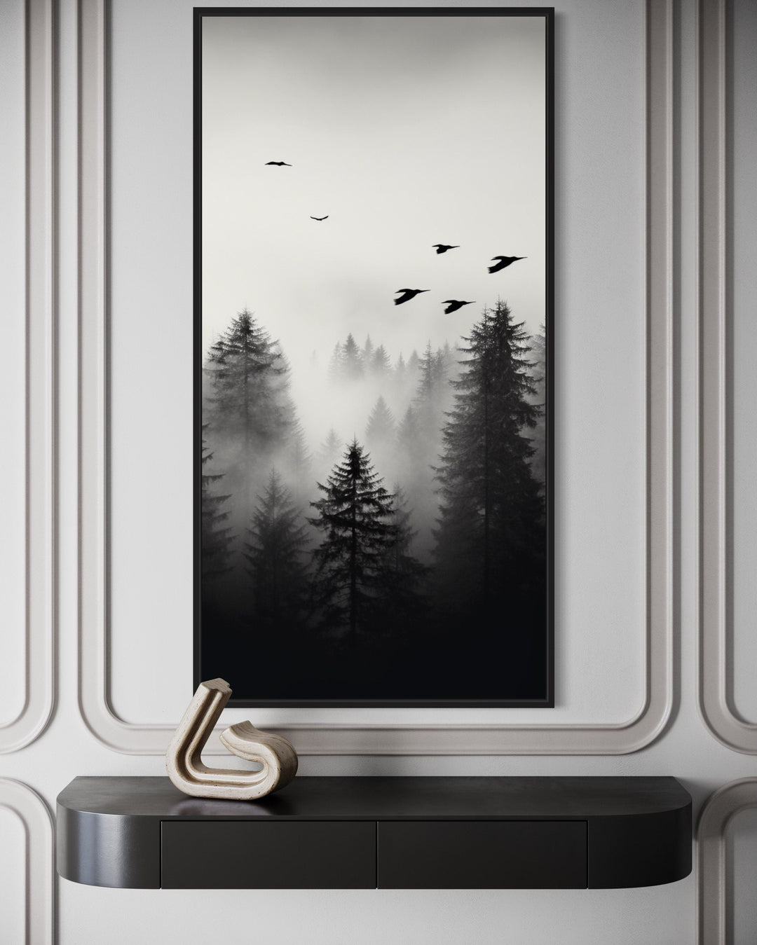 Black White Tall Vertical Foggy Fir Tree Forest Framed Canvas Wall Art