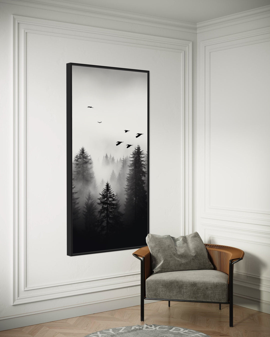 Black White Tall Vertical Foggy Fir Tree Forest Framed Canvas Wall Art