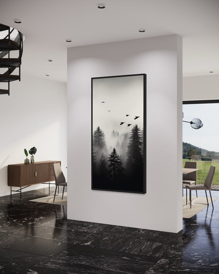 Black White Tall Vertical Foggy Fir Tree Forest Framed Canvas Wall Art