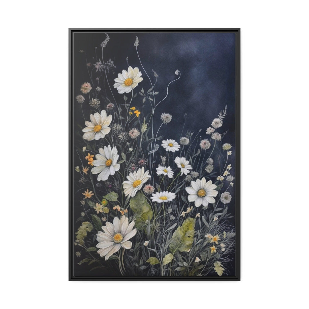 Black White Wildflowers Chamomiles Framed Canvas Wall Art