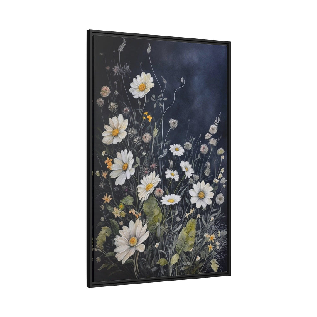 Black White Wildflowers Chamomiles Framed Canvas Wall Art