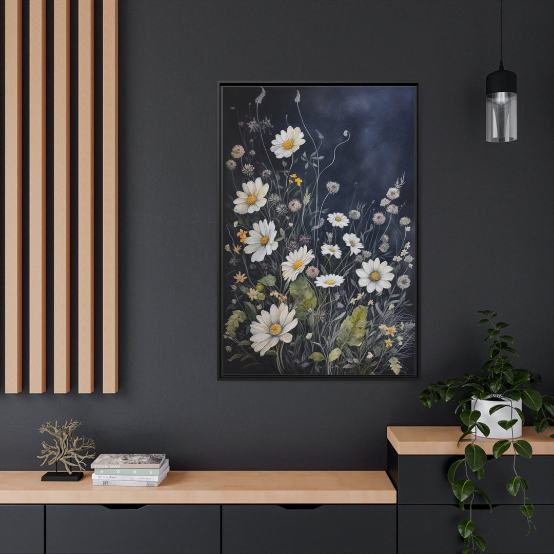 Black White Wildflowers Chamomiles Framed Canvas Wall Art