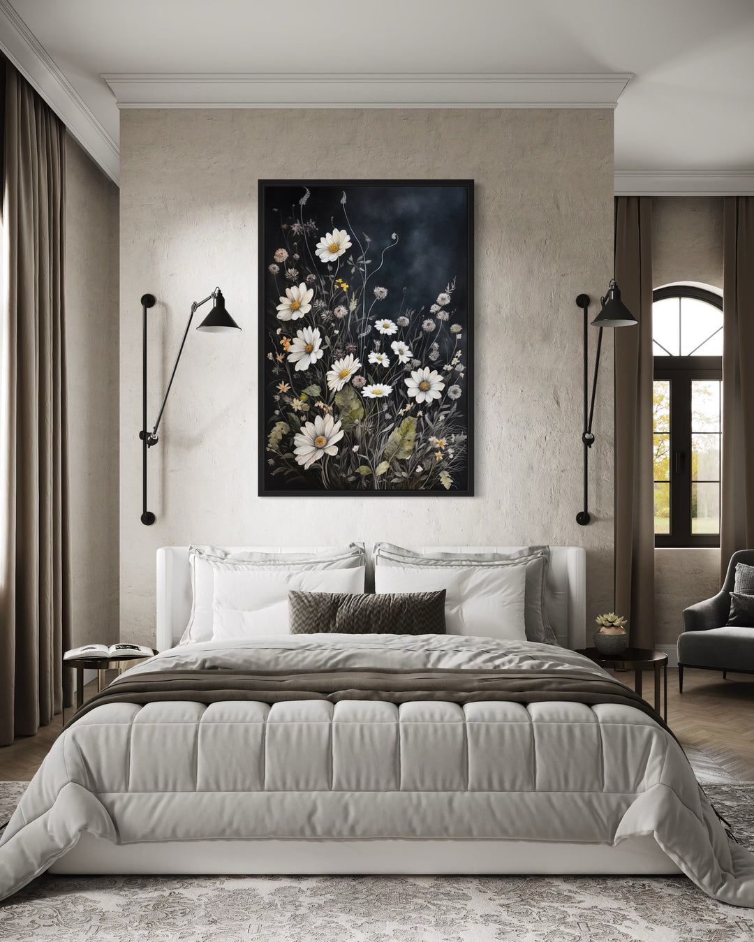 Black White Wildflowers Chamomiles Framed Canvas Wall Art