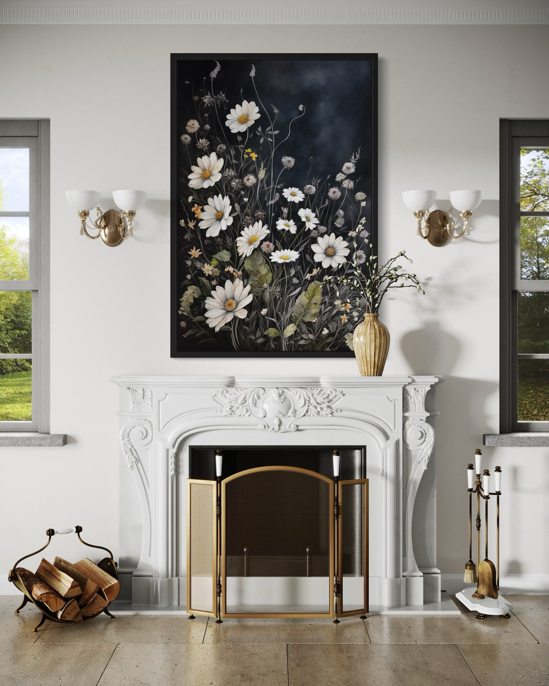 Black White Wildflowers Chamomiles Framed Canvas Wall Art