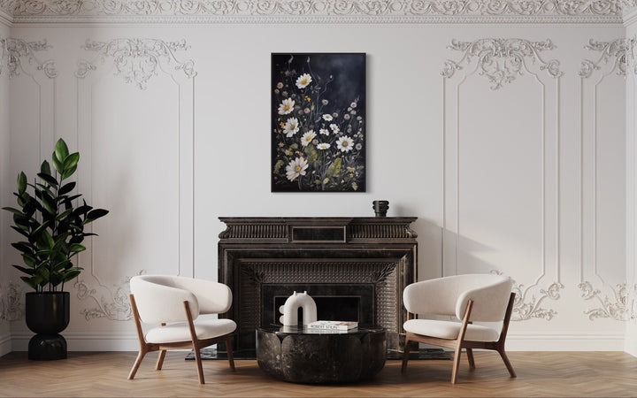 Black White Wildflowers Chamomiles Framed Canvas Wall Art