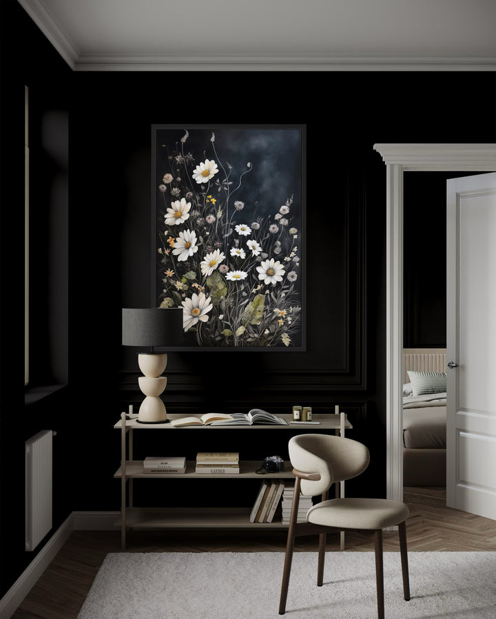 Black White Wildflowers Chamomiles Framed Canvas Wall Art