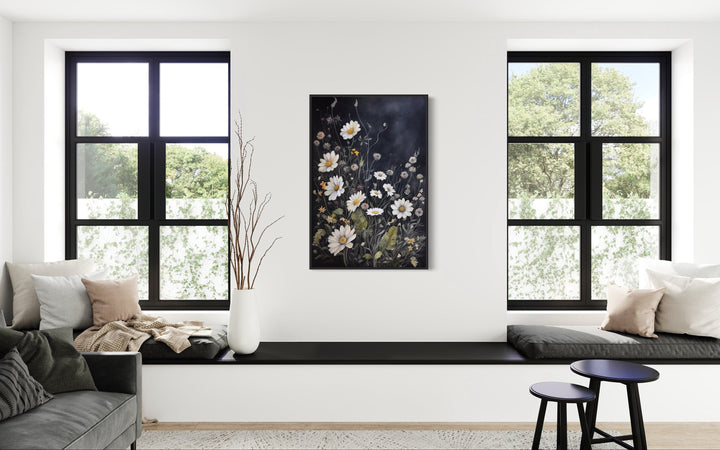 Black White Wildflowers Chamomiles Framed Canvas Wall Art