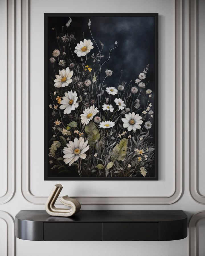 Black White Wildflowers Chamomiles Framed Canvas Wall Art