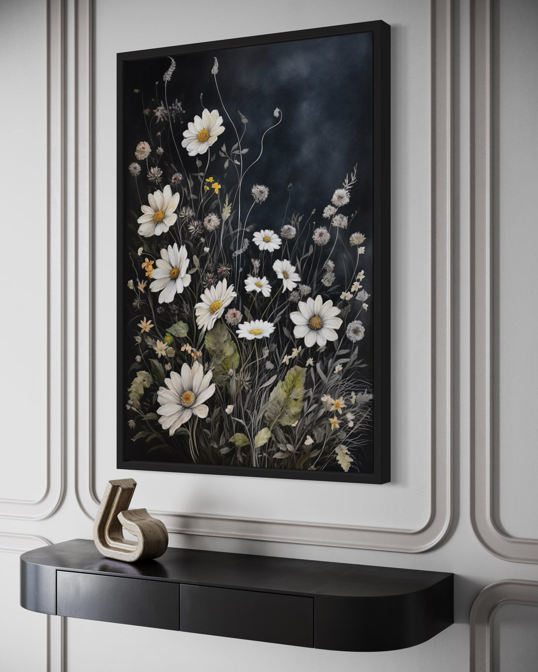 Black White Wildflowers Chamomiles Framed Canvas Wall Art