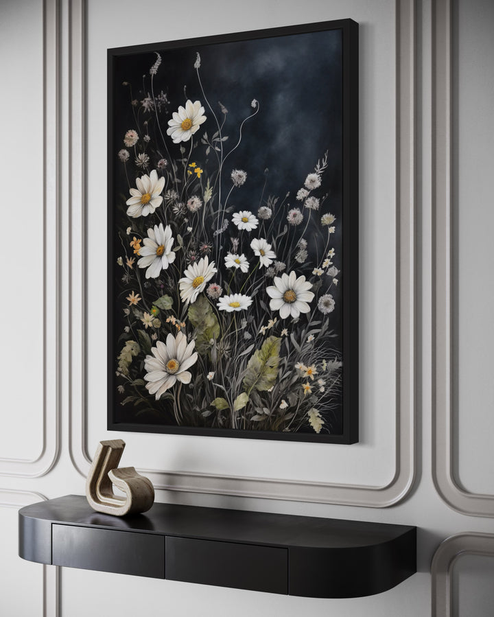 Black White Wildflowers Chamomiles Framed Canvas Wall Art