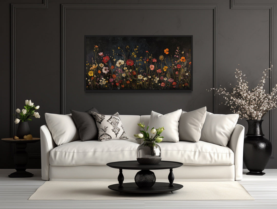 Black Wildflowers Field At Night Framed Canvas Wall Art