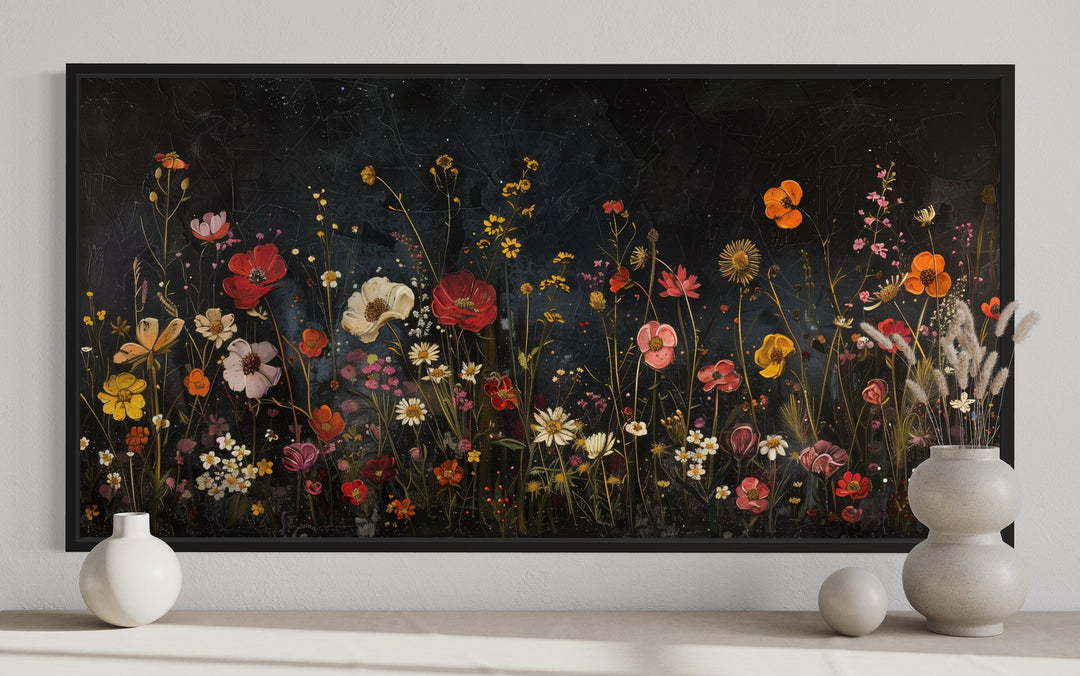 Black Wildflowers Field At Night Framed Canvas Wall Art