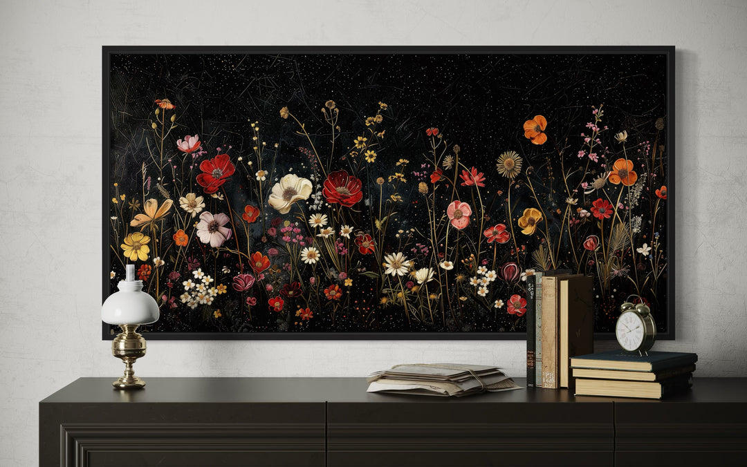 Black Wildflowers Wall Art - Framed Canvas Night Field Painting for Elegant Living Room