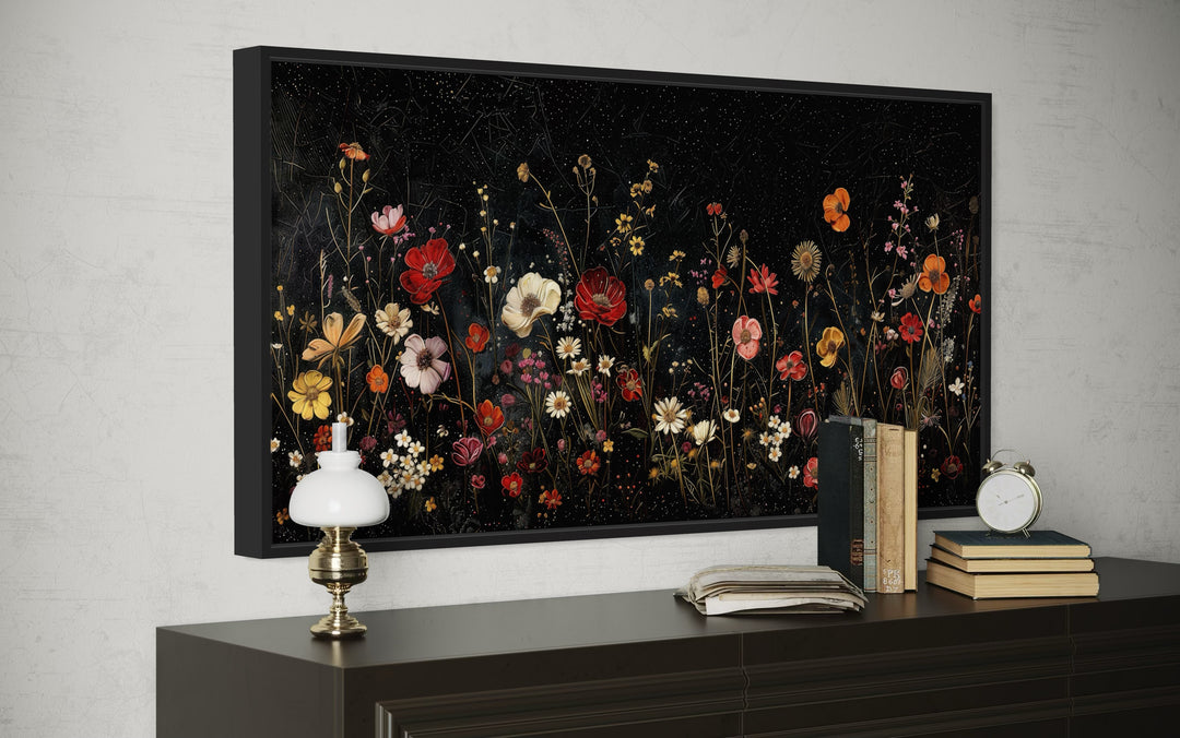 Black Wildflowers Wall Art - Framed Canvas Night Field Painting for Elegant Living Room