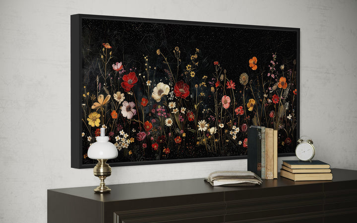 Black Wildflowers Wall Art - Framed Canvas Night Field Painting for Elegant Living Room