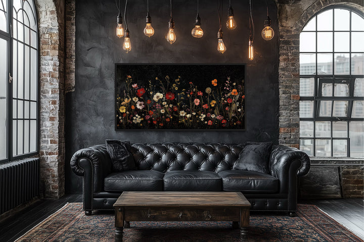Black Wildflowers Wall Art - Framed Canvas Night Field Painting for Elegant Living Room