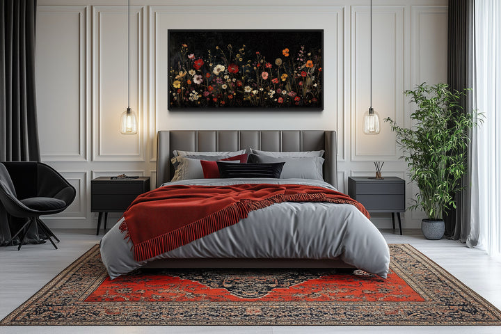 Black Wildflowers Wall Art - Framed Canvas Night Field Painting for Elegant Living Room