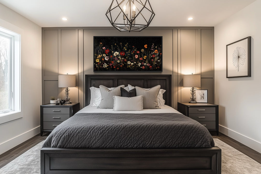 Black Wildflowers Wall Art - Framed Canvas Night Field Painting for Elegant Living Room