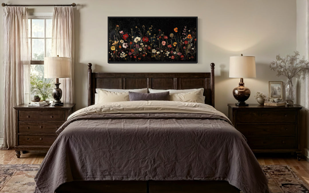Black Wildflowers Wall Art - Framed Canvas Night Field Painting for Elegant Living Room
