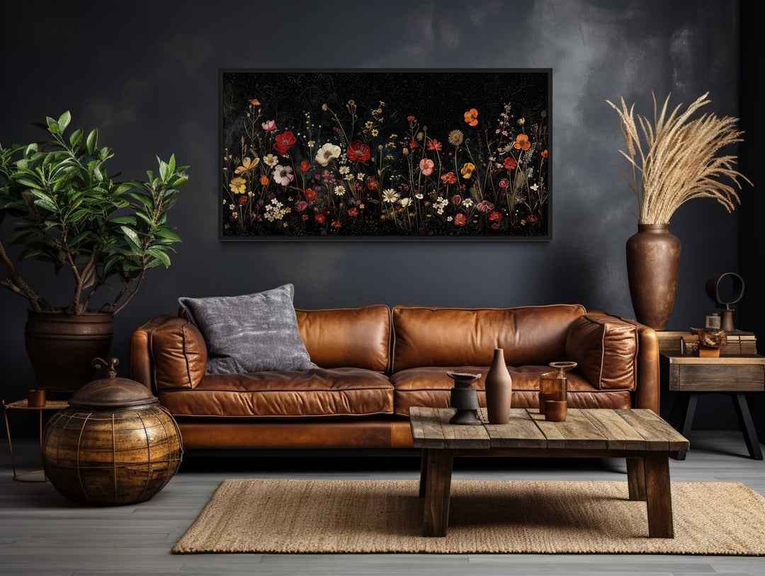 Black Wildflowers Wall Art - Framed Canvas Night Field Painting for Elegant Living Room