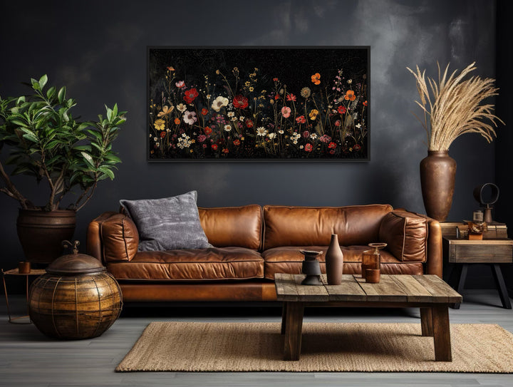 Black Wildflowers Wall Art - Framed Canvas Night Field Painting for Elegant Living Room