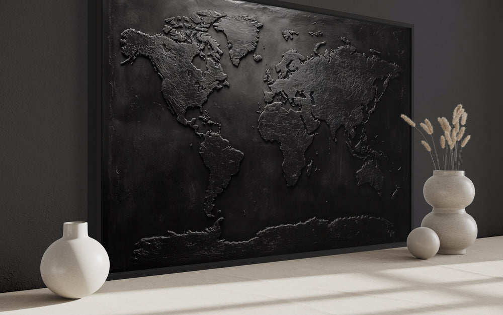 Black World Map Framed Canvas Wall Art For Man Cave Or Office