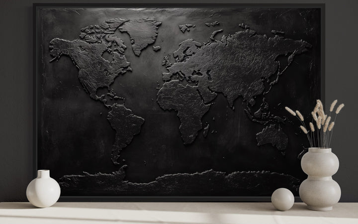 Black World Map Framed Canvas Wall Art For Man Cave Or Office