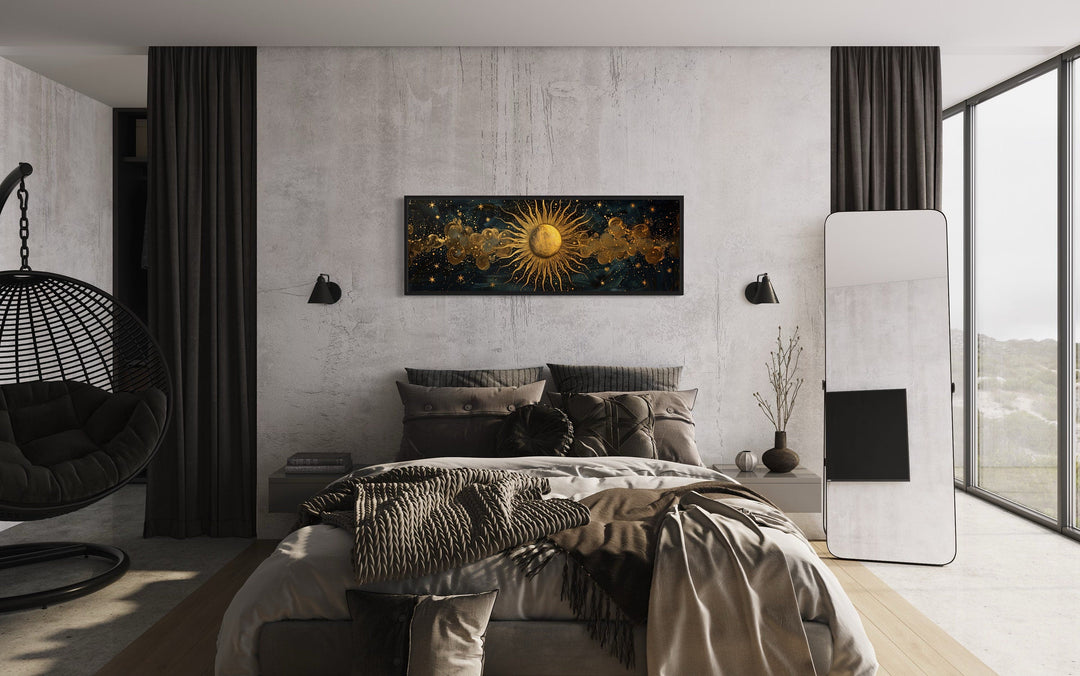 Black and Gold Sun Long Narrow Horizontal Framed Canvas Wall Art