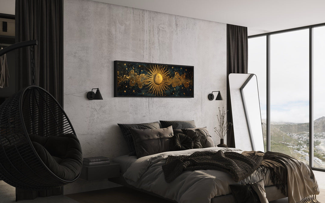 Black and Gold Sun Long Narrow Horizontal Framed Canvas Wall Art