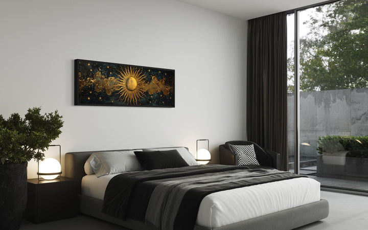 Black and Gold Sun Long Narrow Horizontal Framed Canvas Wall Art