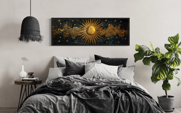 Black and Gold Sun Long Narrow Horizontal Framed Canvas Wall Art