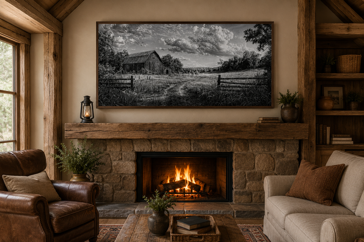 Black and white barn landscape canvas wall art hanging above a rustic stone fireplace.