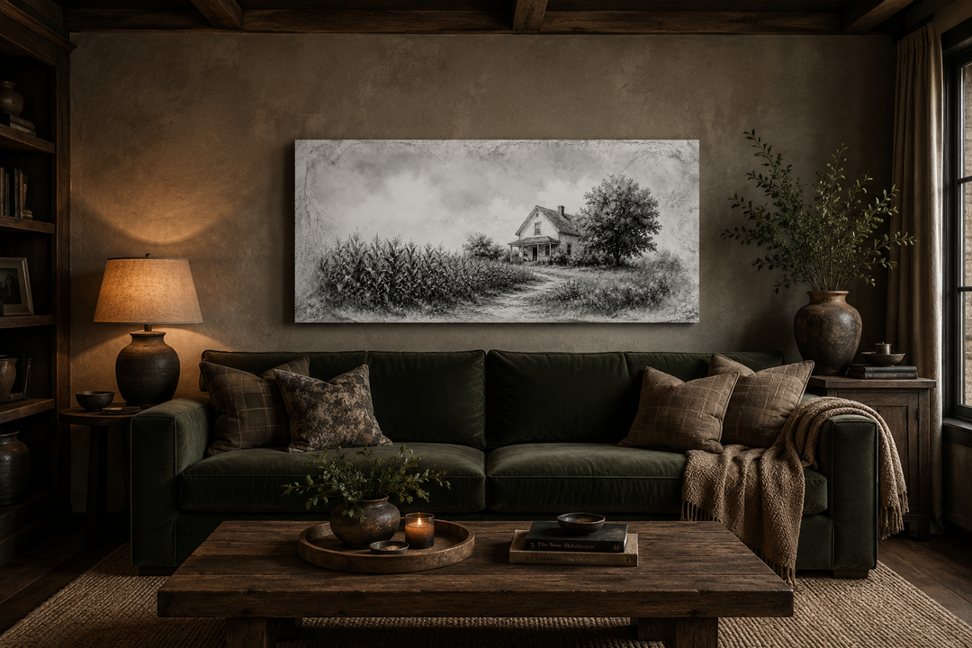 Black and white canvas print of a farmhouse and cornfield above a green sofa in a rustic room.