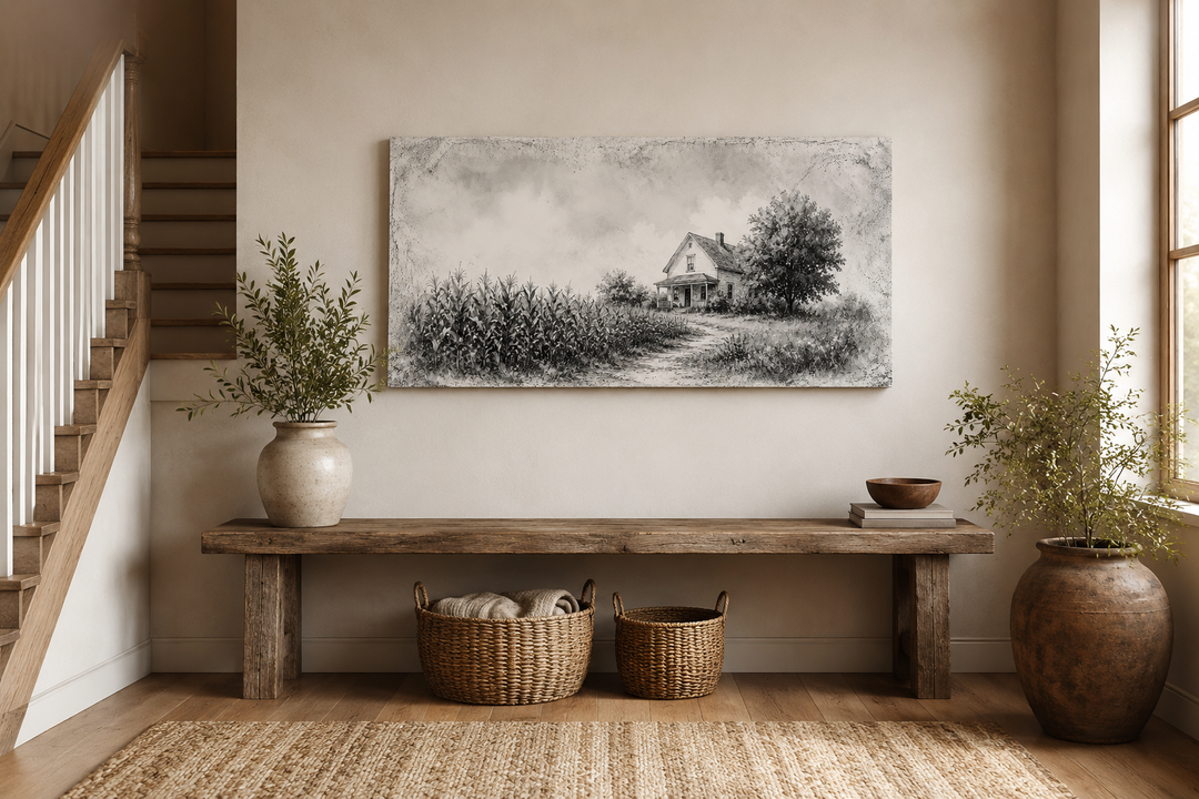 Black and white farmhouse canvas print featuring a barn and cornfield above a rustic wooden bench.
