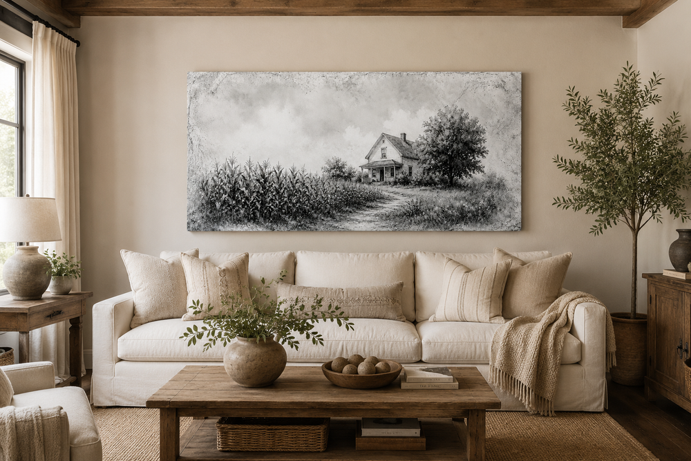 Black and white farmhouse wall art canvas print of a barn in a cornfield above a white sofa.