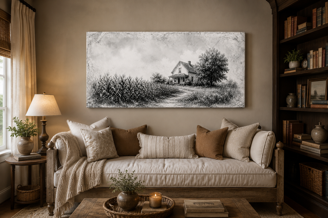 Black and white canvas print of a farmhouse and cornfield above a neutral-toned sofa.