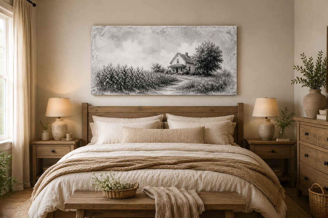 Black and white farmhouse wall art canvas print of a barn in a cornfield above a rustic bed.