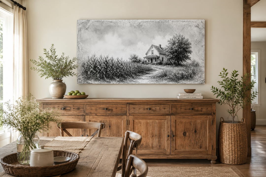 Black and white farmhouse wall art canvas print of a barn in a cornfield above a wooden sideboard.