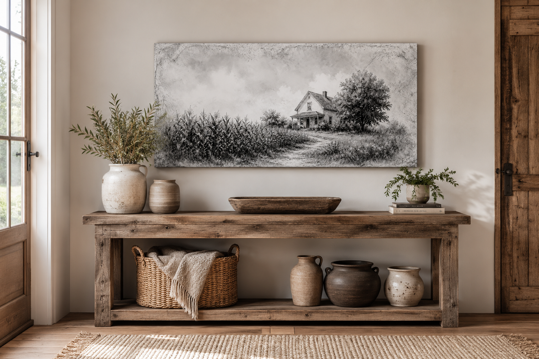 Black and white farmhouse canvas print above a rustic wooden console table with pottery and basket.