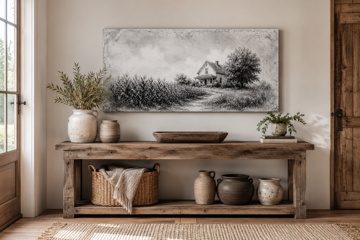 Black and white farmhouse canvas print above a rustic wooden console table with pottery and basket.