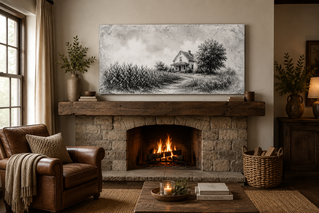 Black and white farmhouse canvas print above a stone fireplace in a rustic living room.
