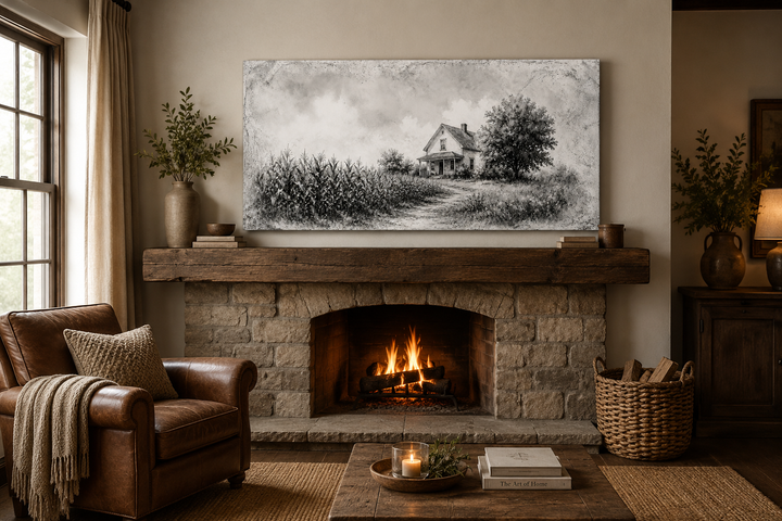 Black and white farmhouse canvas print above a stone fireplace in a rustic living room.