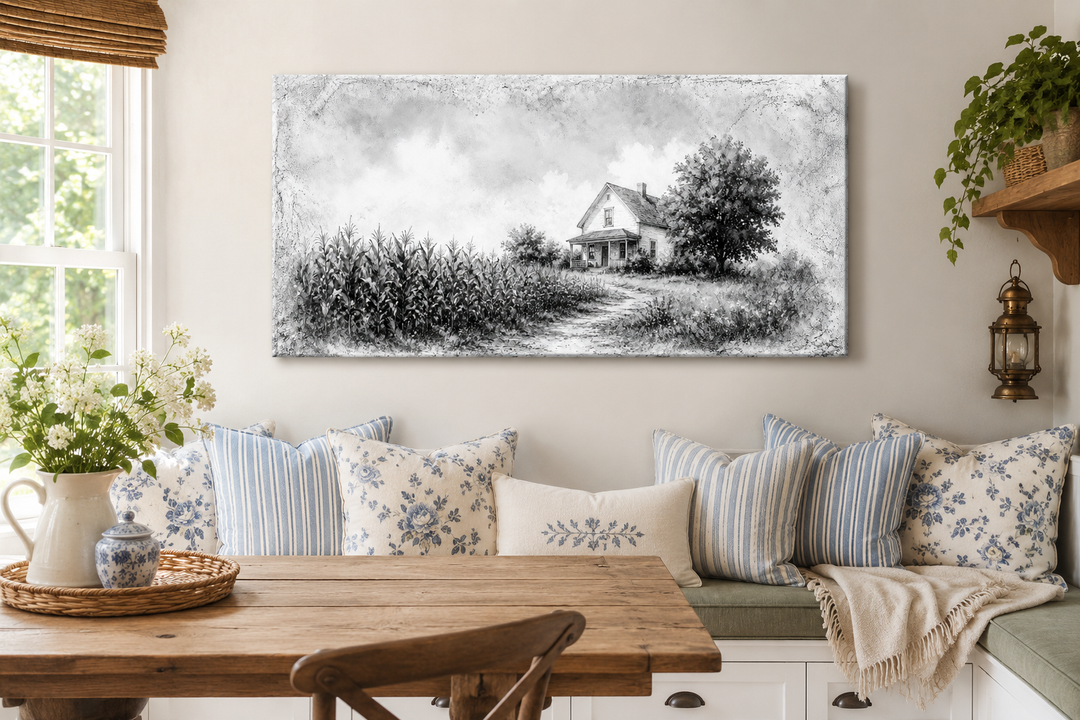 Black and white farmhouse wall art canvas print of a barn in a cornfield above a breakfast nook.