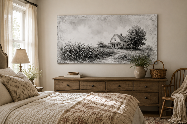 Black and white farmhouse wall art canvas print above a wooden dresser in a rustic bedroom.