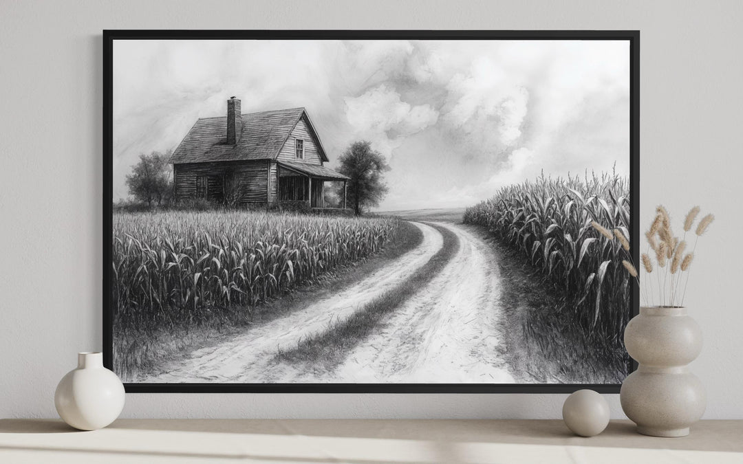 Black and white farmhouse wall art featuring a rustic cornfield landscape in a black frame.