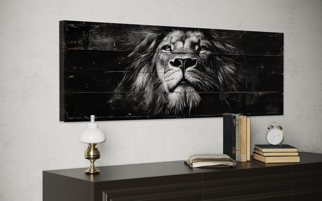 Black and white lion horizontal canvas wall art displayed above a dark wooden dresser.